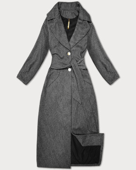 Čierny pruhovaný dlhý dámsky kabát s opaskom S'West (B8542-1) odstíny černé XXL (44)