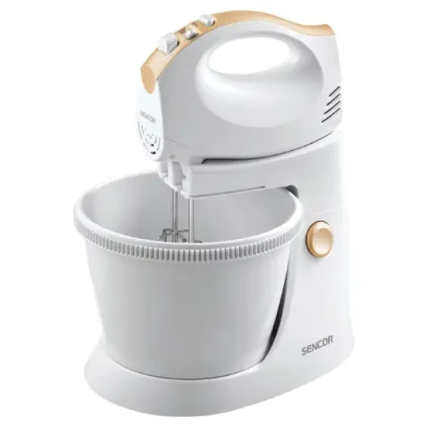 Sencor SHM 5330-EUE3 biela / Ručný šľahač s misou / 500W / 5 rýchlostí / hnetacie šľahacie metly (8590669287192)