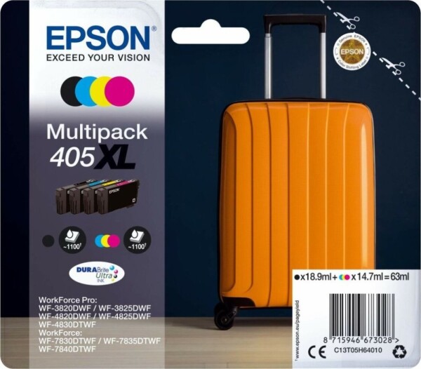 Epson Epson 405XL Multipack - 4er-Pack - XL - Schwarz, Gelb, Cyan, Magenta - original - Blister mit RF- / akustischem Alarmsignal - Tintenpatrone - fur WorkForce WF-7310, 7830, 7835, 7840, WorkForce Pro WF-3820, 3825, 4820, 4825, 4830