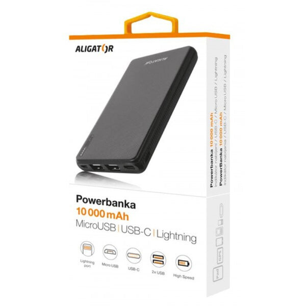 Aligator PB1000 Powerbanka 10 000mAh 3v1 čierna / micro / lightning / USB-C (PB1000BK)