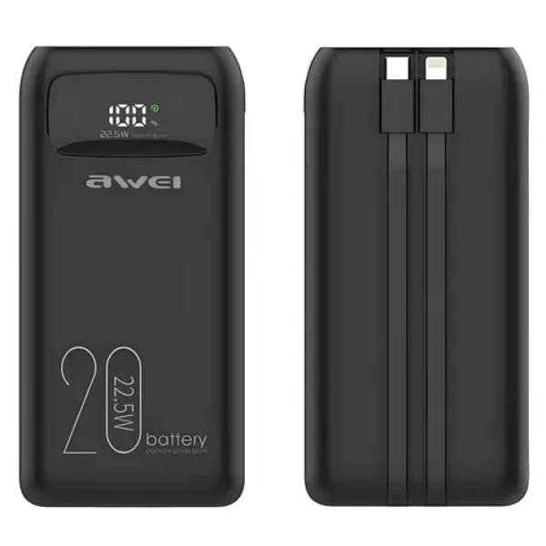 Awei P169K čierna / Powerbanka / 20000mAh / 22,5W / LCD displej / USB-C a Lightning kábel (P169K)