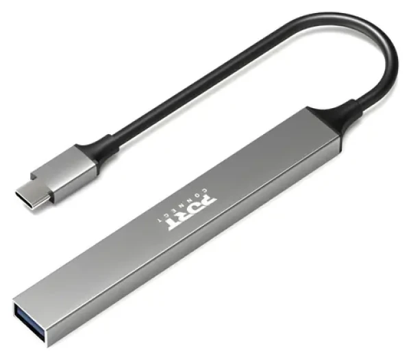 PORT CONNECT 900163 strieborná / USB-C húb / 4X USB / USB-C PD 100W / hliníkové telo (900163)