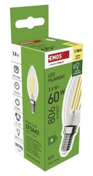 Emos Filament Candle 3,8 W E14 / Žiarovka / náhrada za 60 W / teplá biela / 806 lm (1525741258)