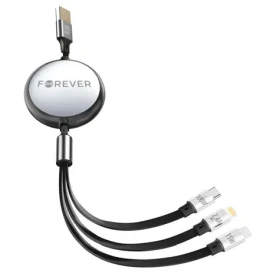 Forever navíjací kábel 3v1 čierna / Nabíjací kábel / USB-A + 2× USB-C + Lightning / 1,2 m / 100 W (GSM185689)
