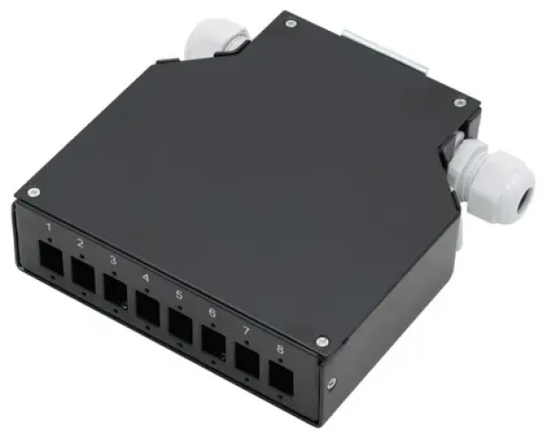 Xtendlan mini rozvádzač DIN lišta čierny / Rozvádzač / optický / 8x SC Simplex / 4 vstupné otvory / krytka (ORSDIN-408-SCSB)