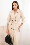 Dámsky trenčkot z ekokože s opaskom a golierom béžovej farby UNI