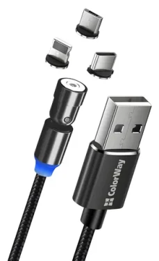 Colorway Nabíjací kábel 3v1 magnetický čierny / Nabíjací kábel / Lightning + Micro-USB + USB-C / Otočný 540 ° / 2,4 A (CW-CBUU037-BK)