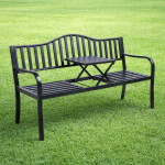 Mamido Záhradná kovová lavica pre 3 osoby s výsuvným stolíkom čierna