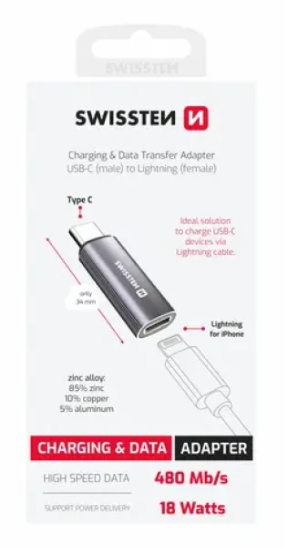 Swissten TEXTILE OTG adaptér USB-C (M) - Lightning (F) strieborná (73501219)