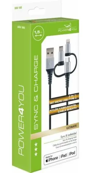 Schwaiger 3-in-1 čierno-strieborná / Nabíjací kábel / USB-A na Micro-USB, Lightning, USB-C / 1,5 m / 3 A (LKU100533)
