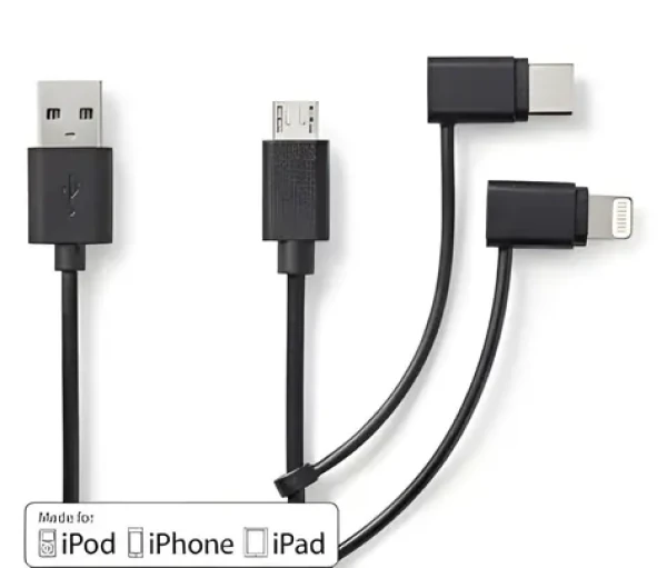 Nedis USB-A kábel 3v1 čierna / Dátový kábel / Lightning, Micro-B, USB-C / 480 Mbps / 1 m (CCGL60620BK10)