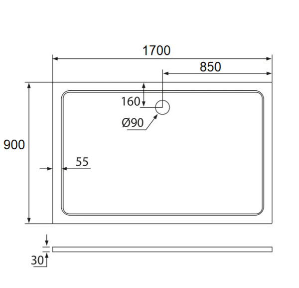H K - THOR Sprchová vanička z liateho mramoru, obdĺžnik, 170x90x3 cm SE-THOR-17090