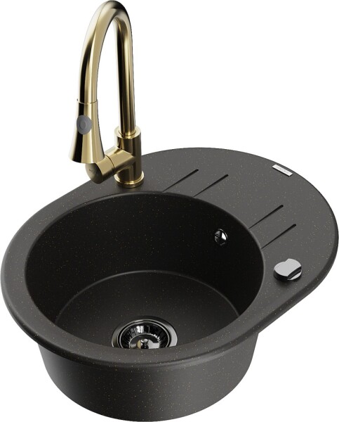MEXEN/S MEXEN/S - Kevin granitový drez 1 s odkvapkávačom vrátane batérie Elia, čierna/zlatá metalik 6517-75-670101-50-B