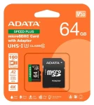 ADATA Speed PLUS Micro SDXC karta 64GB + SD adaptér / UHS-I U3 / V30 / A2 / R: 160MB/s / W: 140MB/s (UD64GUI3V30A2SP-RA1)