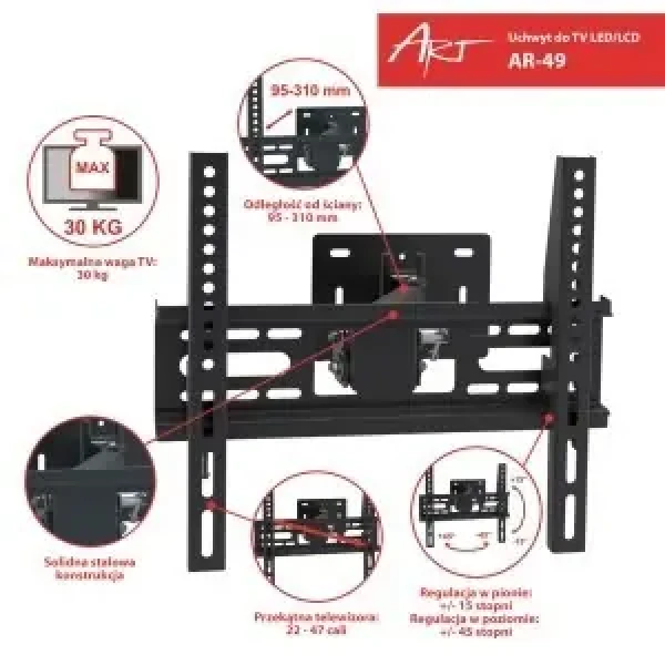 AR-49 / Nástenný držiak TV LCD/LED / 22-47" / VESA / nastaviteľný / max. 30 kg (RAMART AR-49)
