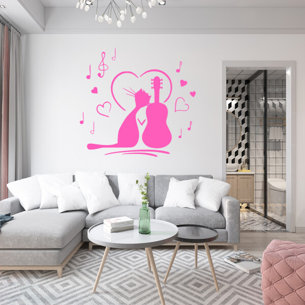 Veselá Stena Samolepka Mačička milujúca hudbu Farba: růžová, Veľkosť: 80 x 76 cm