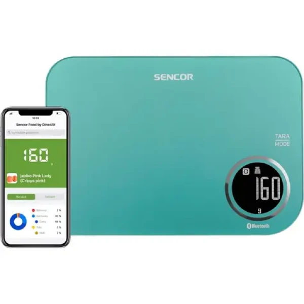 Sencor SKS 7071GR tyrkysová / múdra kuchynská váha / max. 5kg / funkcia TARE / Bluetooth (8590669263158)
