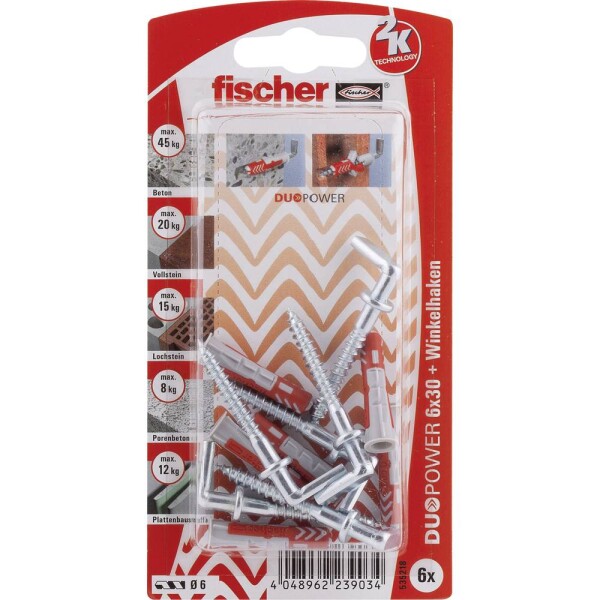 Fischer DuoPower 6x30 WH K hmoždinky s uhlovým hákom 6 ks (535218)