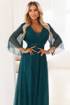 654-1 Dlhé lesklé plus size šaty s výstrihom a priehľadnými rukávmi - fľaškovo zelené UNI