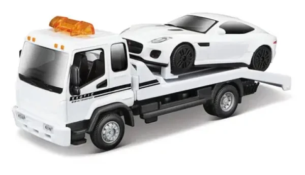 Bburago STREET FIRE Odťahové vozidlo Flatbed Tow Truck + Jaguar F-TYPE Coupé 1:43