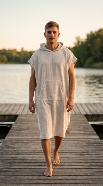 Pánske vafľové pončo Saimaa s kapucňou Egret L-XL