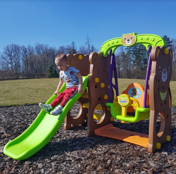 Mamido Detská hojdačka šmykľavka basketbalový kôš 3v1 medveď