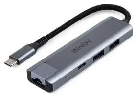 Lindy USB-C húb s LAN sivá / Rozbočovač / USB 3.2 Gen 2 / 2x USB-A / RJ45 (43422)