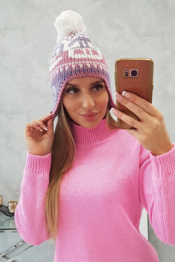 Rosa dámska čiapka s bambulou K368 fialová+biela+tmavoružová UNI