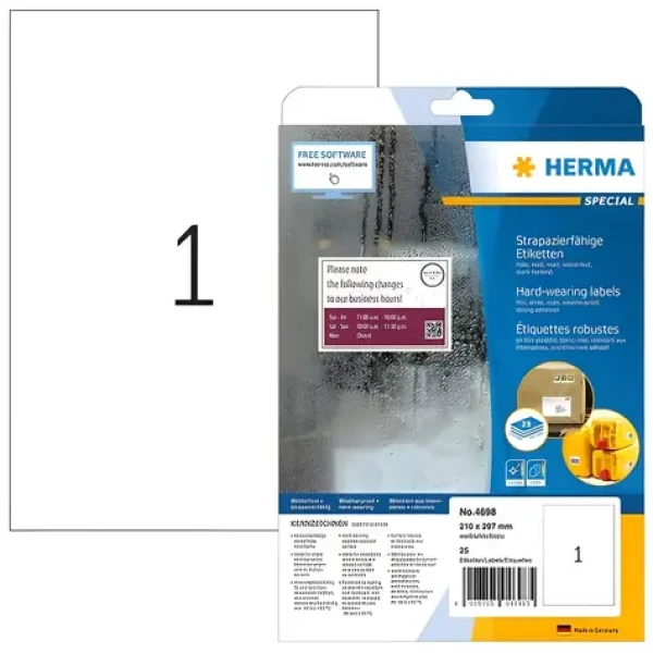 Herma etikety A4 210x297 mm biela / Fólie / vodeodolné / laser / 25 ks (4698)