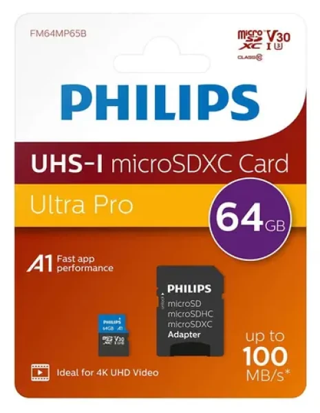 Philips microSDXC 64 GB + adaptér / Pamäťová karta / Class 10 / UHS-I U3 / V30 (FM64MP65B/00)