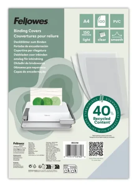 Fellowes Väzobná fólia A4 číra / 150 mic / recyklovaný materiál 40% / 100 ks