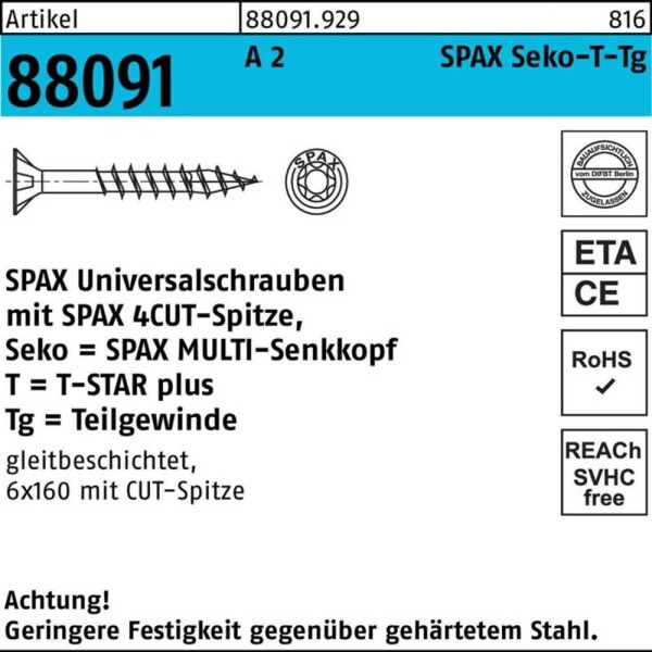 SPAX SPAX Seko-T-Tg 880919299050090 zápustné skrutky 5 mm 90 mm T-STAR plus nerezová ocel A2 100 ks; 0197000500903