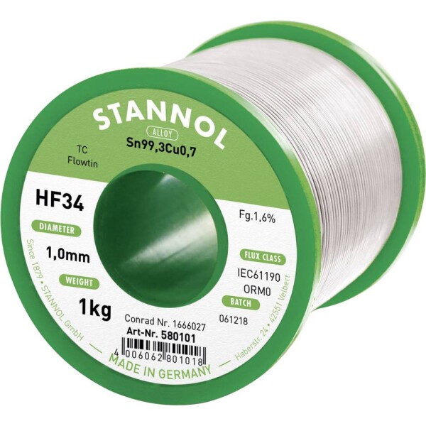 Stannol HF34 1,6% 1,0MM FLOWTIN TC CD 1000G spájkovací cín bez olova cievka, bez olova Sn99,3Cu0,7 ORM0 1000 g 1 mm; 580101