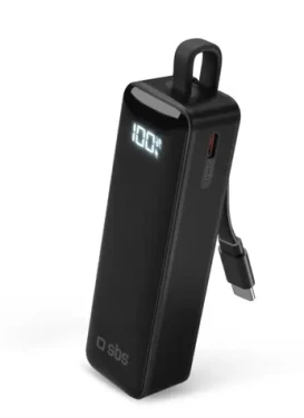 SBS PowerBank 5000 mAh čierna / Powerbanka / 10 W / LCD displej / integrovaný kábel / USB-C