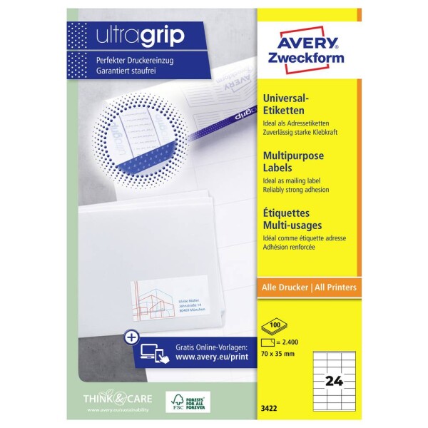 Avery-Zweckform 3422 70 x 35 mm papier biela 2400 ks trvalé univerzálne etikety atrament, laser, kópie; 3422