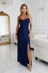 647-2 Priliehavé dlhé maxi šaty s obálkovým výstrihom a rozparkom - tmavomodré UNI