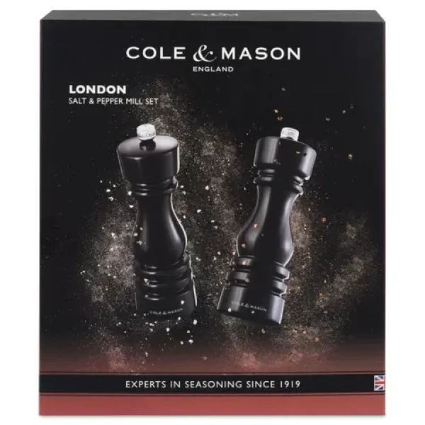 ColeMason London čierna Gloss / Sada mlynčekov na soľ a korenie / bukové drevo / 18 cm / darčekové balenie (H233098)