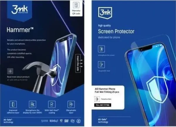 3mk All-Safe Hammer Full Wet Fitting / Ochranná fólia / Pre mobilné telefóny / AIO / 25 ks (5903108485234)