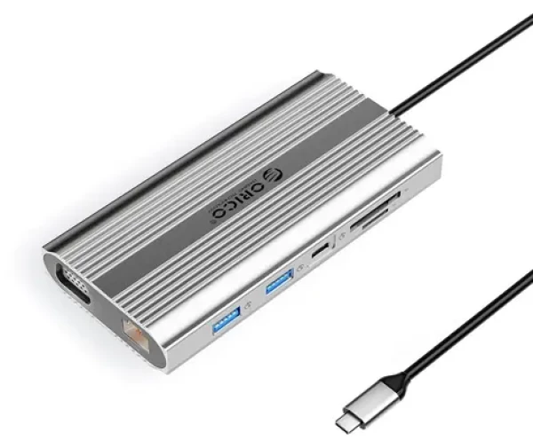 Orico USB-C hub 12v1 strieborná / Dokovacia stanica / USB-C PD 100W / HDMI 4K / VGA / RJ45 Gigabit (ORICO-XDR-X22-SV-BP)