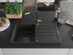 MEXEN/S MEXEN/S - Bruno granitový drez 1 s odkvapkávačom vrátane batérie Flora, čierna/zlatá metalik 6513-75-670401-57-B