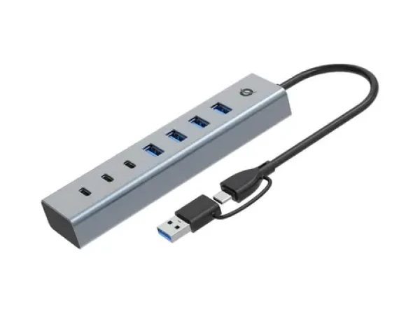 Conceptronic USB hub 7 portov šedá / USB hub / 4X USB-A 3.0 + 3x USB-C / 5 Gbit/s / hliníkové telo (HUBBIES20G)