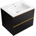 CERANO - Kúpeľňová skrinka Velora - čierna matná, úchytka zlatá + keramické umývadlo Novo - biela lesklá - 61x54,5x46,5 CER-979899