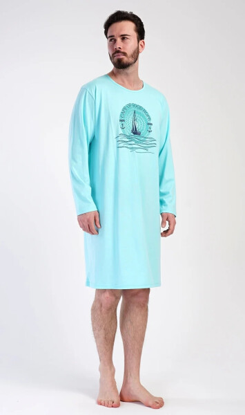 Pánska nočná košeľa s dlhým rukávom Jachting - Vienetta M mentolová - modrá