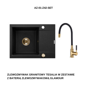 INVENA INVENA - Granitový drez TESALIA krátky odkvap, čierny s automatickým sifónom, zlatý + batéria GLAMOUR AZ-01-Z42-SET