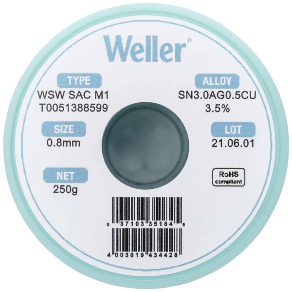 Weller WSW SAC M1 spájkovací cín bez olova cievka Sn3,0Ag0,5Cu 250 g 0.8 mm; T0051388599