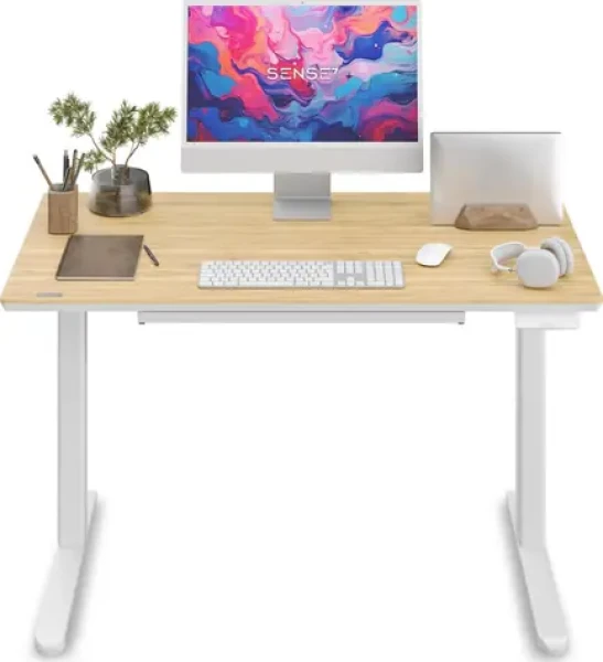 SENSE7 NEWAI Pracovný stôl biela-bambus / elektricky nastaviteľná výška / 120 x 60cm / nosnosť 50kg (5902659846969)