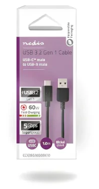 Nedis USB-A - USB-C čierna / Dátový kábel / USB 3.2 Gen 1 / 60 W / 5 Gbps / 1 m (CCGW61600BK10)
