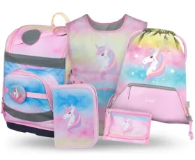 BAAGL SET 5 - Školský set Zippy PLUS Rainbow Unicorn: aktovka / peračník / vrecko / zástera / peňaženka (A-34954)