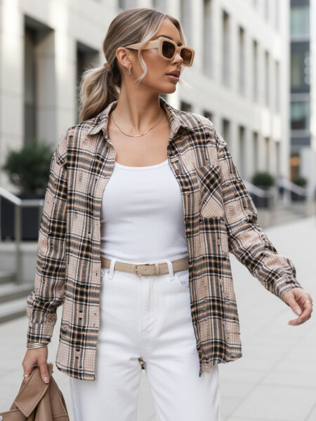 Dámska kockovaná košeľa DY0485 béžovo-čierna - FashionStreet UNI