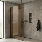CERANO - Sprchová zástena Walk-in Onyx Top Round Ľ/P - 8 mm - okrúhla vzpera + polička/držiak na uteráky - čierna matná, bronzové sklo - 50x200 CER-690109